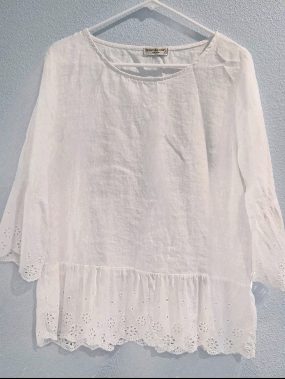 Terzo Millennio Italian Linen Top Eyelet Hem Sleeves Boho Coastal Summer LargeTe